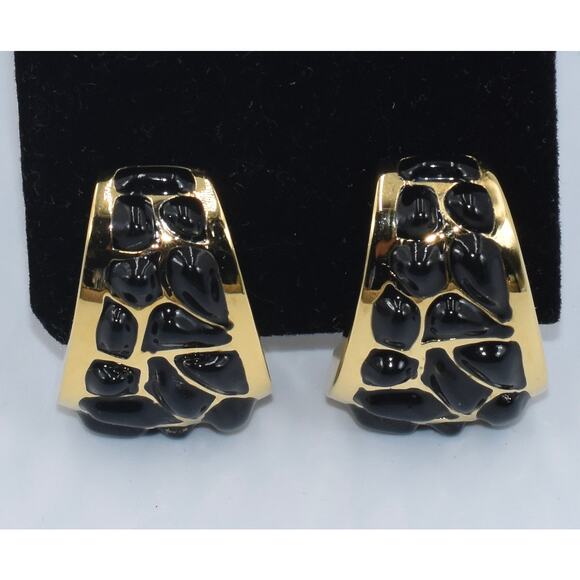 St. John Black and Gold Designer Runway Clip-On Earrings - Picture 2 of 7